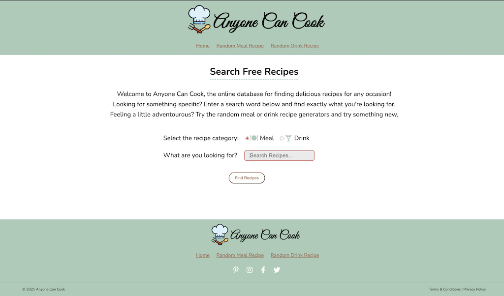 Screenshot of Anyone Can Cook free recipe site website